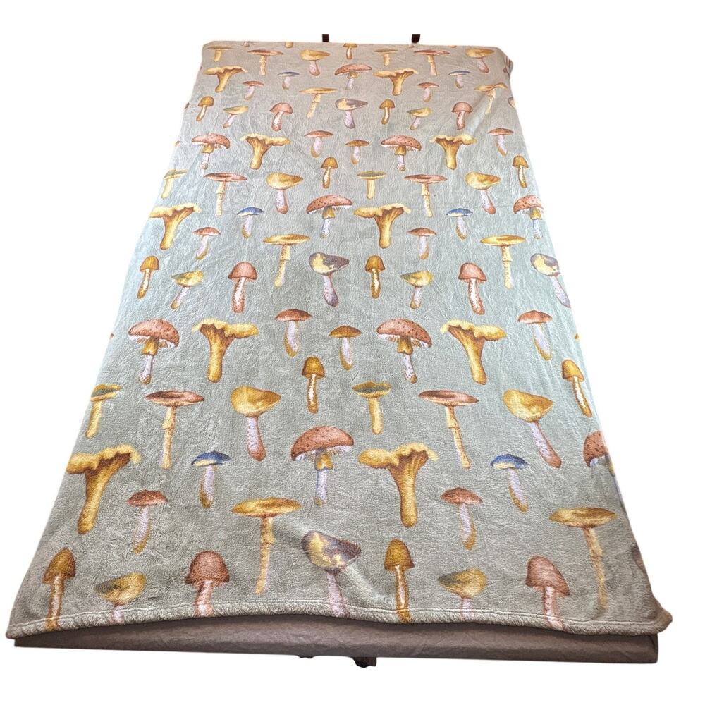 Mushroom Plush Throw Blanket Gray Green 48 x 72 Fungi Mushie Shroom All-Over